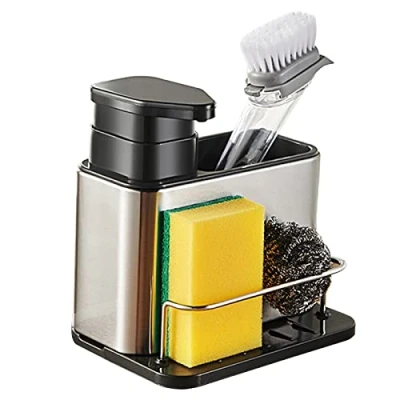 Image of CMOISO Kitchen Sink Organiser, Sponge Holder for Sink, Stainless Steel Organizer with Soap Dispenser and Storage Compartment Sinks or Bathroom Washing