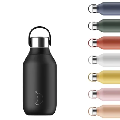 Image of Chilly&#039;s Series 2 Water Bottle Stainless Steel Thermal Bottles with Double Wall Vacuum, Soft Collar &amp; Carry Loop Abyss Black, 350ml
