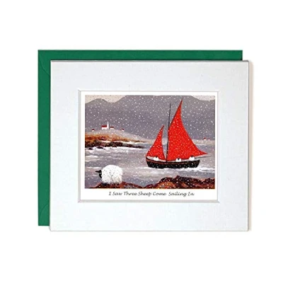 Image of &quot;Saw Three Sheep Come Sailing in&quot; Mounted Greeting Card by Thomas Joseph Christmas Carol Yacht Boat