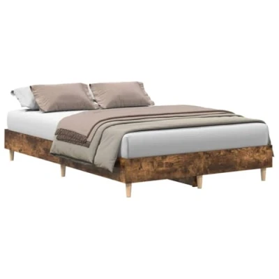 Image of vidaXL Smoked Oak Engineered Wood Bed Frame 140x190 cm Slatted Base for Bedroom Modern Double with Sturdy Eucalyptus Legs