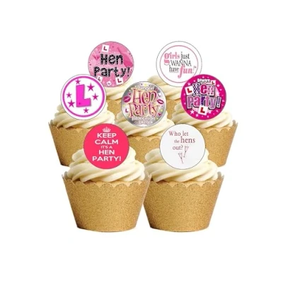 Image of 24 Precut Hen Party Edible Wafer Paper Cake Toppers Decorations