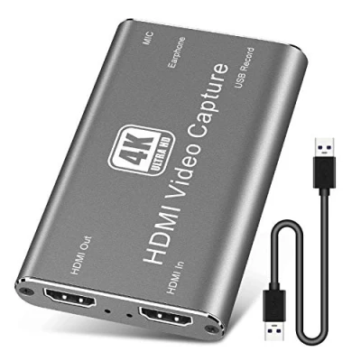 Image of PTN HDMI Capture Card, USB 3.0 4K Audio Video Device, to HD Game 1080P 60FPS Live Streaming for Recording Screen Sharing, Switch (Gray)