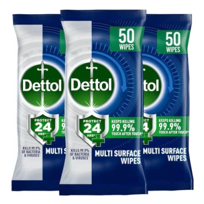 Image of Dettol Protect 24, Multi surface Antibacterial Disinfectant Wipes, Ocean Fresh, Pack of 50 Wipes x 3