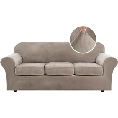 Image of LINGKY Velvet Sofa Cover 3 Seater With Separate Seat Cushion Covers, Stretch Couch Non Slip Slipcovers for Living Room Furniture Protector (Taupe,3 Seater)