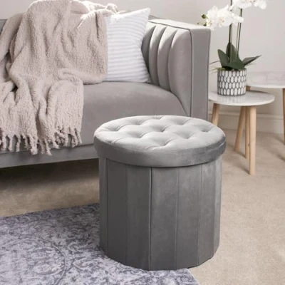 Image of OHS Round Ottoman Storage Matt Velvet, Grey with Lid Ottomans for Bedroom Living Room Space Saving Organising Box, Charcoal