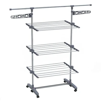 Image of VOUNOT 3 Tier Clothes Airer Drying Rack, Large Horse with Telescopic Rod &amp; Wheels, Folding Stainless Steel Laundry Racks for Indoor Outdoor