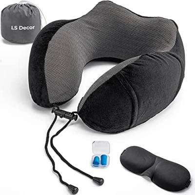 Image of LS Decor Travel Pillow Memory Foam Neck Portable Comfortable Head Support for Airplane Car Train Home &amp; Office Sleeping Rest Cushion with Eye Masks Earplugs Carry Bag (BLACK)