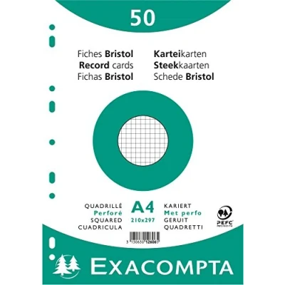 Image of Exacompta Ref 12606E Bristol Squared Record Cards (Pack of 50) A4 in Size, 205gsm Card, Compatible with Printers Suitable for Exam Revision &amp; Notes White
