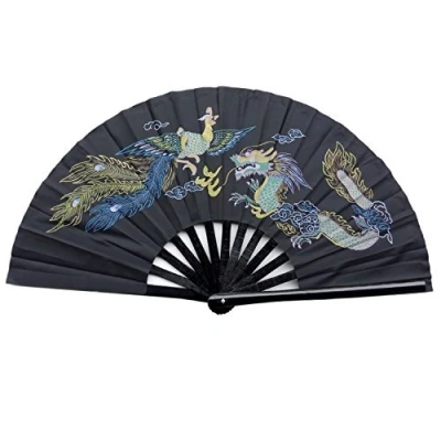 Image of Chinese Tai Chi Martial Art Kung Fu Bamboo Dragon and Phoenix Fan Black