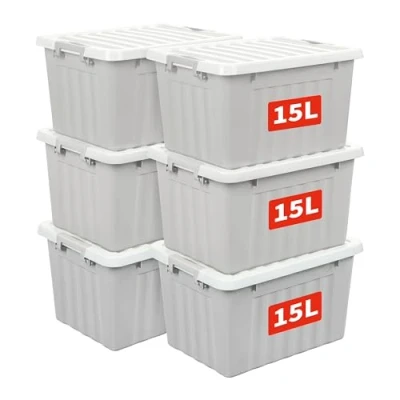 Image of Cetomo 15L*6 Aufbewahrungsboxen mit Deckeln, Kunststoff Aufbewahrungsbox Clips, Kunststoffbox, Ordnungsboxen für Zuhause und Büro, BPA frei, Nestbar, Stapelbar, Grau, 15L 6er Pack