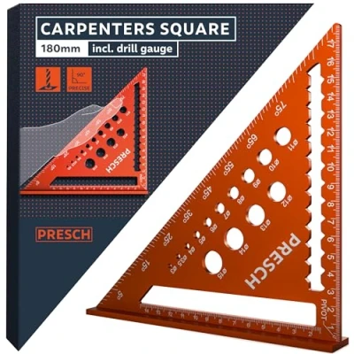 Image of Presch Carpenters Square 180mm Smart drilling guide for exact diameters High precision milled aluminum permanently accurate 90 angles Carefully crafted, resilient coating
