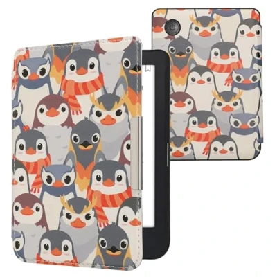 Image of kwmobile Case Compatible with Kobo Clara 2E / Tolino Shine 4 eReader Cover Penguins Grey/Yellow/Brown
