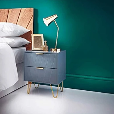 Image of Fiz FIZPORIUM Embossed Loft Studio 2 Drawer Bedside Table With Gold Legs Side Bedroom Furniture Grey
