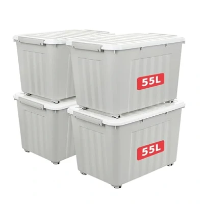 Image of Cetomo 55L*4 Storage Boxes with Wheels, Plastic Box Lid, Latching Buckles, Click Closure, Stackable, Nesting, Durable Organizer for Home Office Clothes, Gray, 55L 4 Pack
