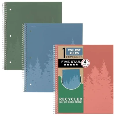 Image of Five Star Spiral Notebooks + Study App, Recycled Cover, 4 Pack, 1 Subject, College Ruled Paper, 8 1/2 x 11&quot;, 100 Sheets per Notebook, Zion Clay, Olympic Green, Glacier Blue, Smoky Gray(820046)