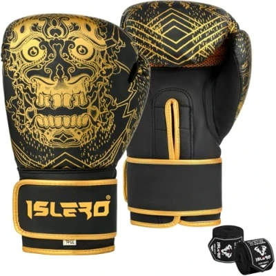 Image of Islero Fitness Matte Black Boxing Gloves Men Punch Bag Women MMA Muay Thai Martial Arts Kick Sparring Training Fighting With Hand Wraps (Black, 16 OZ)