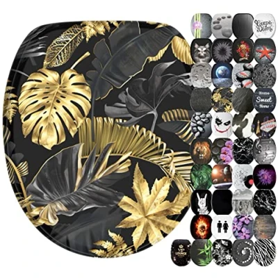 Image of Sanilo Soft Close Toilet Seat, Wide Choice of Black Seats, Stable Hinges, Easy to Mount (Golden Leaves)