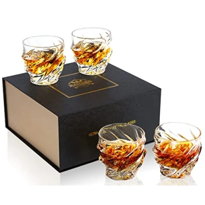 Image of KANARS Whisky Glass Set, No Lead Crystal Whiskey Tumbler, Unique Anniversary Birthday Gift Ideas for Dad Grandpa Boyfriend Husband, Stylish Box, 4 Piece, 260 ml