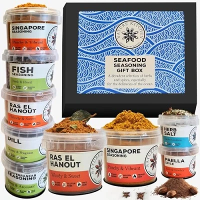 Image of Nature Kitchen Gourmet Seafood Seasoning Selection Mix Gift Set. 9x Gluten Free Herbs And Spices For Cooking Fish Recipes, Roasting Marinades. Including Thai Stir Fry, Paella Spice, Dill