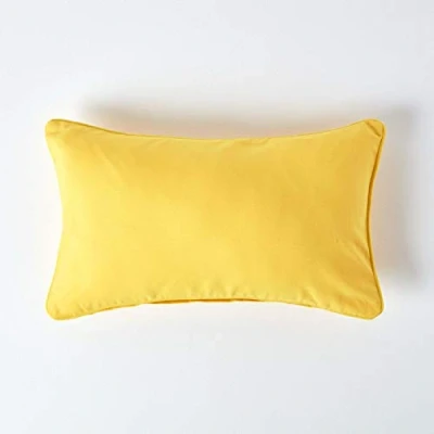 Image of HOMESCAPES 100% Cotton Plain Yellow Cushion Cover 30 x 50 cm Square 12 20 Inches Bright Sunshine with Zip Closure Washable