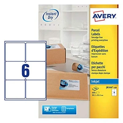 Image of Avery Printable, customisable Parcel Shipping labels, Inkjet Printers, 6 Labels Per A4 Sheet, 600 QuickDRY (J8166), White