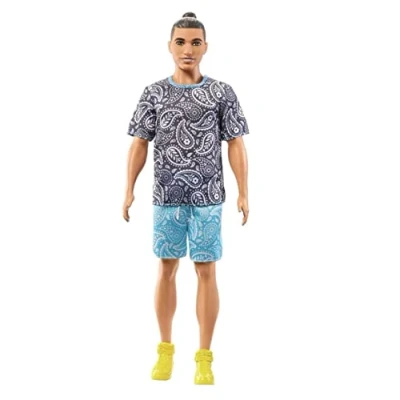 Image of Barbie ​Ken Doll, Kids Toys, Fashionistas, Brown Hair in Bun, Paisley Tee and Shorts, Clothes Accessories​, HJT09