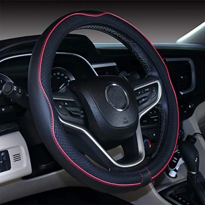 Image of 2019 New Microfiber Leather Car Extra Large 17 18 19 Inches Steering wheel Cover for Big Trucks (Black Red, 17&#039;&#039;)
