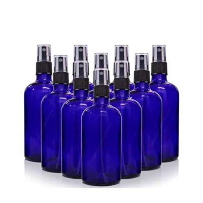 Image of Intelligent Healthcare PACK of 10 100ml Blue Glass Bottles with BLACK ATOMISER Sprays Cobalt Spray for Liquid/Cosmetics/Essential Oil/Aromatherapy etc Use