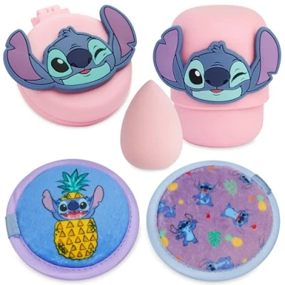 Image of Disney Stitch Beauty Accessories Set with Sponge, Reusable Makeup Remover Pads &amp; Travel Hairbrush Gifts