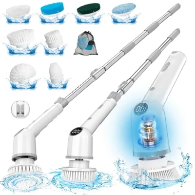 Image of Electric Spin Scrubber: Cordless Shower Scrubber with 8 Replaceable Brush Heads 3 Adjustable Speeds Extension Handles Power Cleaning for Bathroom Floor Tile