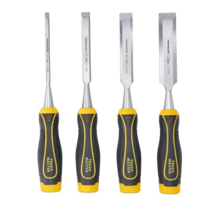 Image of TOUGH MASTER Carving Chisel Set, 4 Piece Wood Bevel Edge Tools, Carbon Steel, Strong Grip, ¼ 6mm, ½ 13mm, ¾ 19mm, 1 25mm with Blade Tip Covers