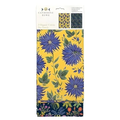 Image of Museums &amp; Galleries Tea Towels Organic Cotton Artistic Design Blue Flowers and Medieval Florals by Catherine Rowe Set of 2 Stylish Home Accessory