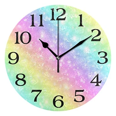 Image of linomo Galaxy Rainbow Glitter Star Wall Clock Decor, Silent Non Ticking Round Quiet for Kitchen Living Room Bedroom Bathroom Office