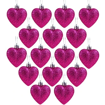 Image of Christmas Concepts® Pack of 16 Glitter Heart Shaped Baubles Tree Decorations (Hot Pink)