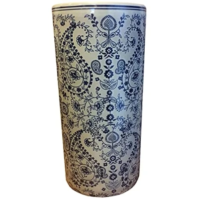 Image of M S L Blue and White Floral Paisley Design Ceramic Umbrella Stand Walking Stick Large Vase