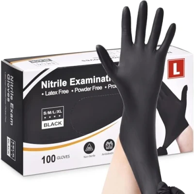 Image of Black Nitrile Disposable Gloves Latex Free, Powder Exam Gloves, Disposable, Surgical, Cleaning, Food Extra Strong, Multi Purpose (LARGE)
