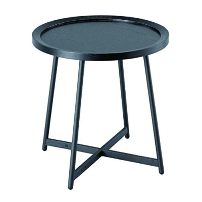 Image of ASPECT Louisa Wooden Tray/Round Side End Table Oak Veneer in Black Finish, Metal, 50 dia x 50(H) cm