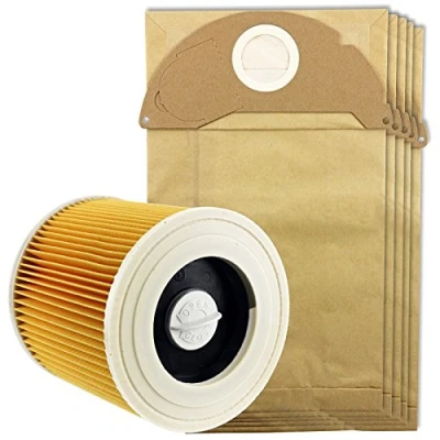 Image of Spares2go Wet &amp; Dry Cartridge Filter + Dust Bags for Karcher WD2200 WD2240 Vacuum Cleaners (Filter 5 Bags)