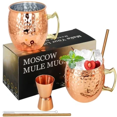 Image of SuproBarware Moscow Mule Copper Mugs Set of 2 Cups Stainless Steel 18 Oz Food Safe Hammered Great for Cocktails Water Cold Drinks