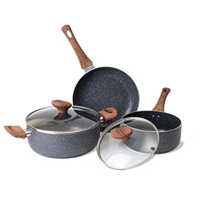 Image of Non Stick Pots and Pans Set Induction Hob 5pcs Kitchen Cookware with Lids Cooking Marble Saucepan Frying by Nuovva