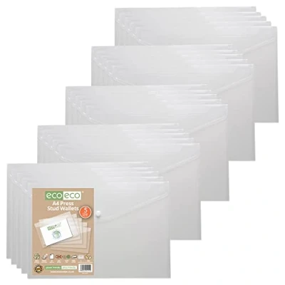 Image of eco A4 50% Recycled Clear Transparent Press Stud Popper Wallet, Plastic Folders 310x238mm (Pack of 25), 200mic, eco111x25