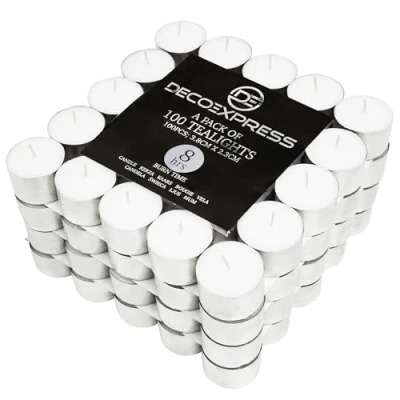 Image of Deco Express Tealight Candles Multipack of 200, 100, 50 or 24 4, 8 10 Hours Burning Time Tea Lights Unscented (White 100/4 Hours)