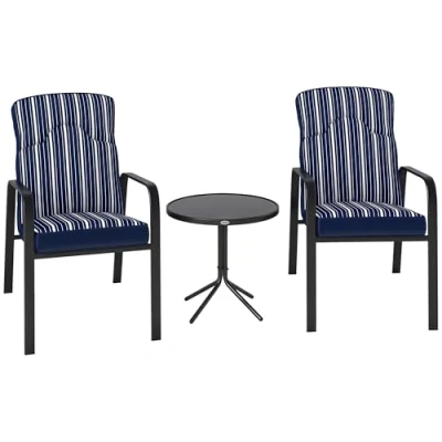 Image of Outsunny 3 Piece Patio Bistro Set, 5 Position Adjustable Recliner Garden Chairs and Tempered Glass Table, Furniture Set with Cushions, High Back, Armrests, Metal Frame for Balcony Patio, Blue