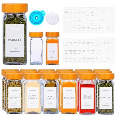 Image of 12PCS Bamboo Glass Spice Jars set Square With Lids Waterproof Labels Stickers For Herbs, Spices &amp; Seasoning Kitchen Storage Organisation And