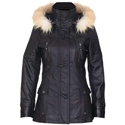 Image of Women&#039;s Black Quilted Leather Parka Jacket with Detachable Hood 4XL