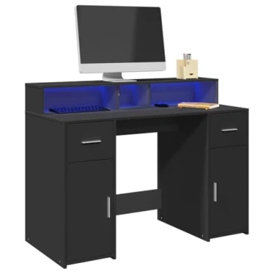 Image of vidaXL Desk with LED Lights Engineered Wood Black 120x55x91cm Writing/Working Table Ample Storage Office/Gaming Furniture