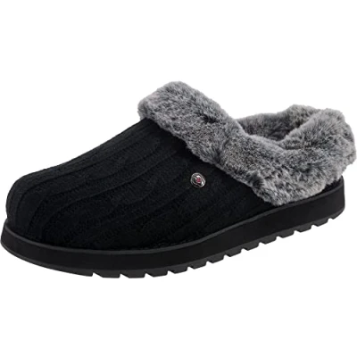 Image of Skechers Women&#039;s Keepsakes Ice Angel slipper, Black Cable Knit Sweater Faux Fur Trim, 4 UK