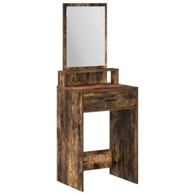Image of vidaXL smoked oak wood mirror vanity table 50x41x140 cm ample storage with drawer &amp; shelves full length glass for bedroom