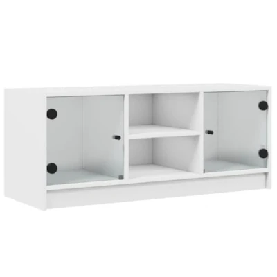 Image of vidaXL White TV Cabinet Engineered Wood Media Unit with Glass Doors, Ample Storage, 102x37x42 cm, for Living Room Organization and Display