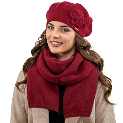 Image of Vivisence Elegant Winter Set for Women Classic Wool Beret with Floral Decoration Suitable Both and Sporty Outfits Ideal Autumn Days, Maroon,UNI